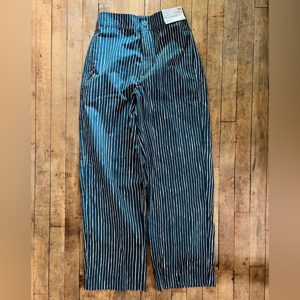 Marimekko Uniqlo cotton straight easy pants green striped lightweight women's S